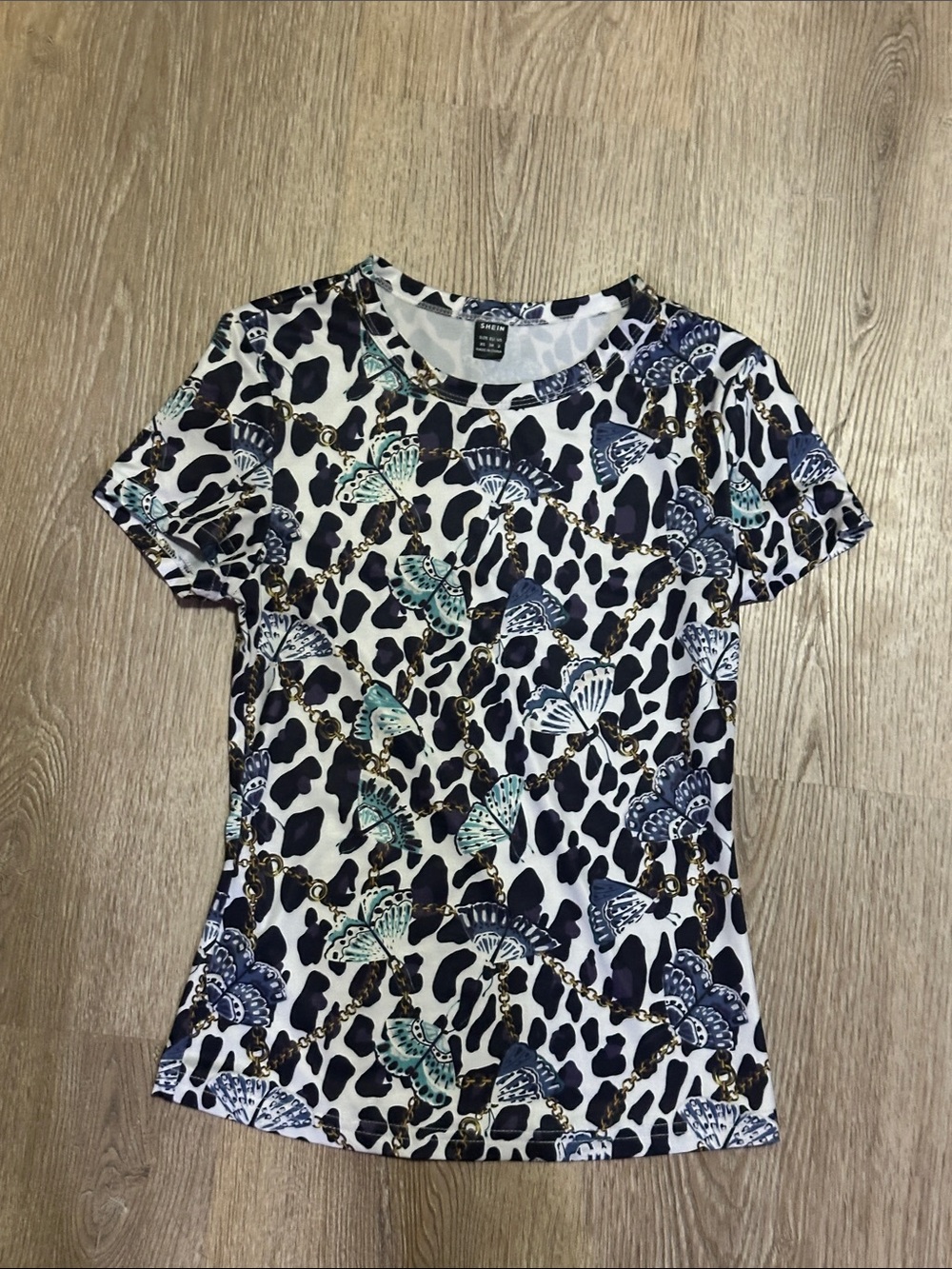 SHEIN Black & White Animal Print Tee with Teal & Navy Fans